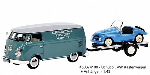 Schuco 450374100 - VW T1c Kastenwagen "Kleinschnittger" mit Autoanhänger