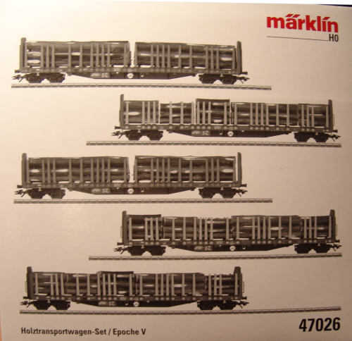 Märklin 47026 Set mit 5 Holztransportwagen. Bauart Roos 639