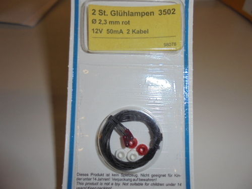 Viessmann 3502 Glühlampen rot T3/4, Ø 2,3 mm, 12 V, 50 mA, 2 Kabel, 2 Stück