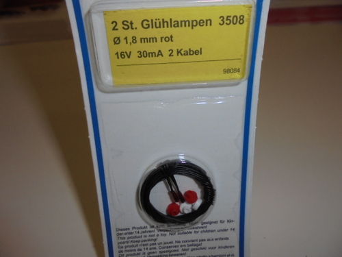Viessmann 3508 Glühlampen rot T1/2, Ø 1,8 mm, 16 V, 30 mA, 2 Kabel, 2 Stück