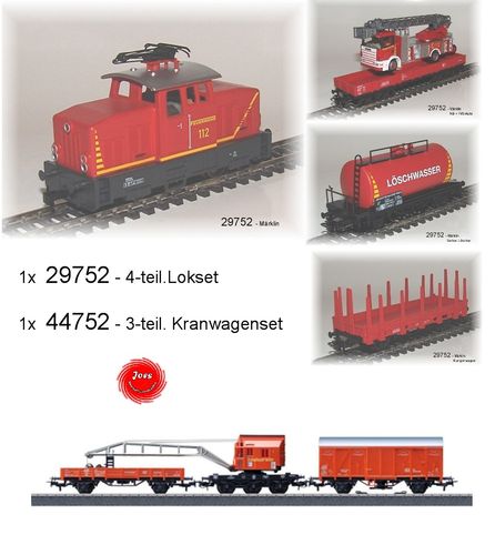 Aus Märklin 29752 Zugset"Feuerwehr"4-teilig mit E-Lok + Berge-Kranset 44752
