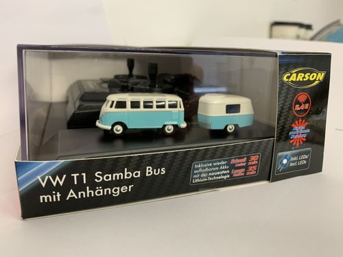 Carson 500504122 - 1:87 Carson VW T1 Samba Bus mit Anhänger